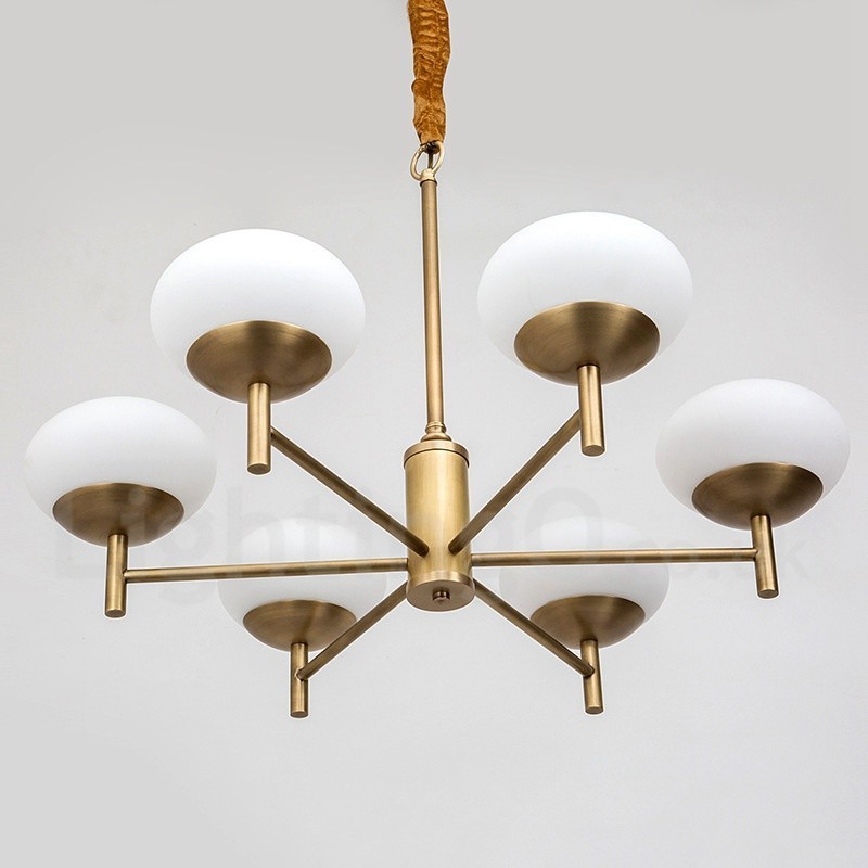 6-flammige Retro-Pendelleuchte aus rustikalem Messing mit Glasschirm