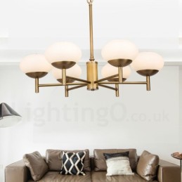 6-flammige Retro-Pendelleuchte aus rustikalem Messing mit Glasschirm
