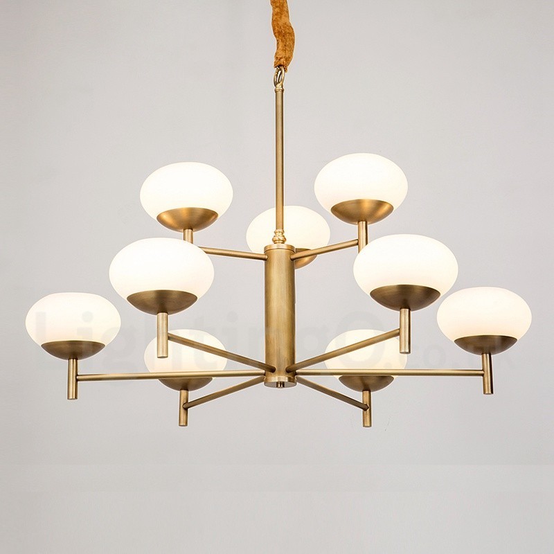 9-flammige Retro-Pendelleuchte aus rustikalem Messing mit Glasschirm