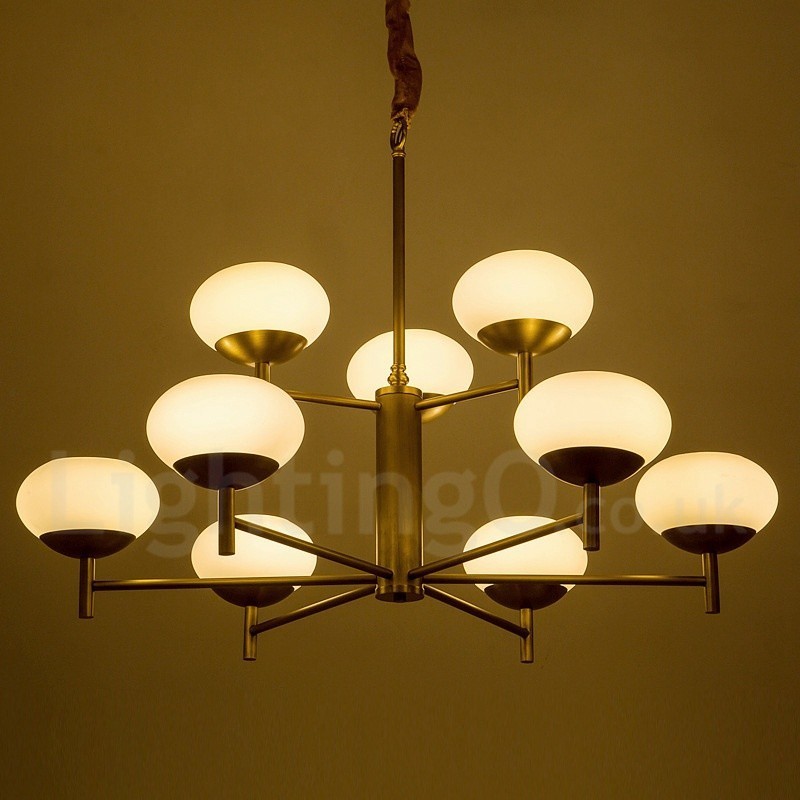 9-flammige Retro-Pendelleuchte aus rustikalem Messing mit Glasschirm