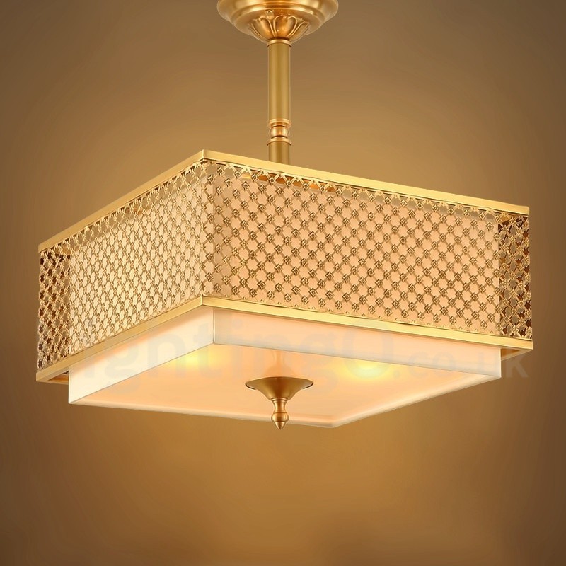 4-flammige Retro-Pendelleuchte aus rustikalem Messing mit Stoffschirm