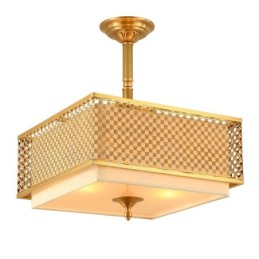 4-flammige Retro-Pendelleuchte aus rustikalem Messing mit Stoffschirm