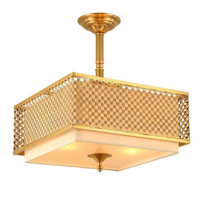 4-flammige Retro-Pendelleuchte aus rustikalem Messing mit Stoffschirm