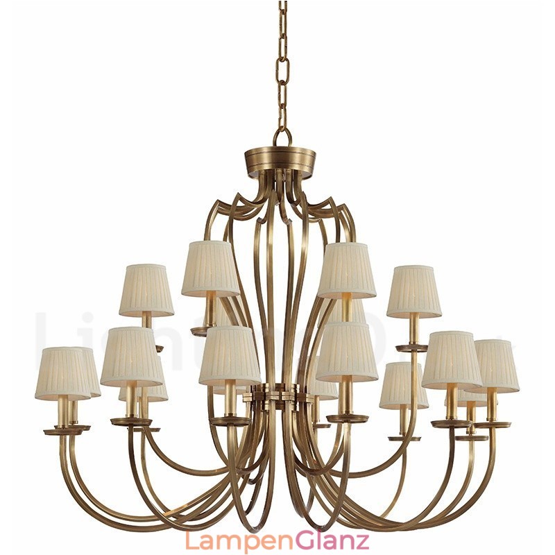 18-flammige Retro-Pendelleuchte aus rustikalem Messing mit Stoffschirm