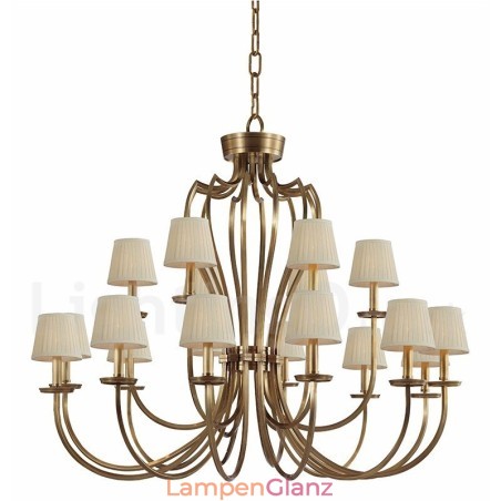 18-flammige Retro-Pendelleuchte aus rustikalem Messing mit Stoffschirm