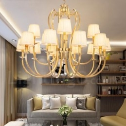 18-flammige Retro-Pendelleuchte aus rustikalem Messing mit Stoffschirm