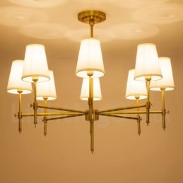 8-flammige Retro-Pendelleuchte aus rustikalem Messing mit Stoffschirm