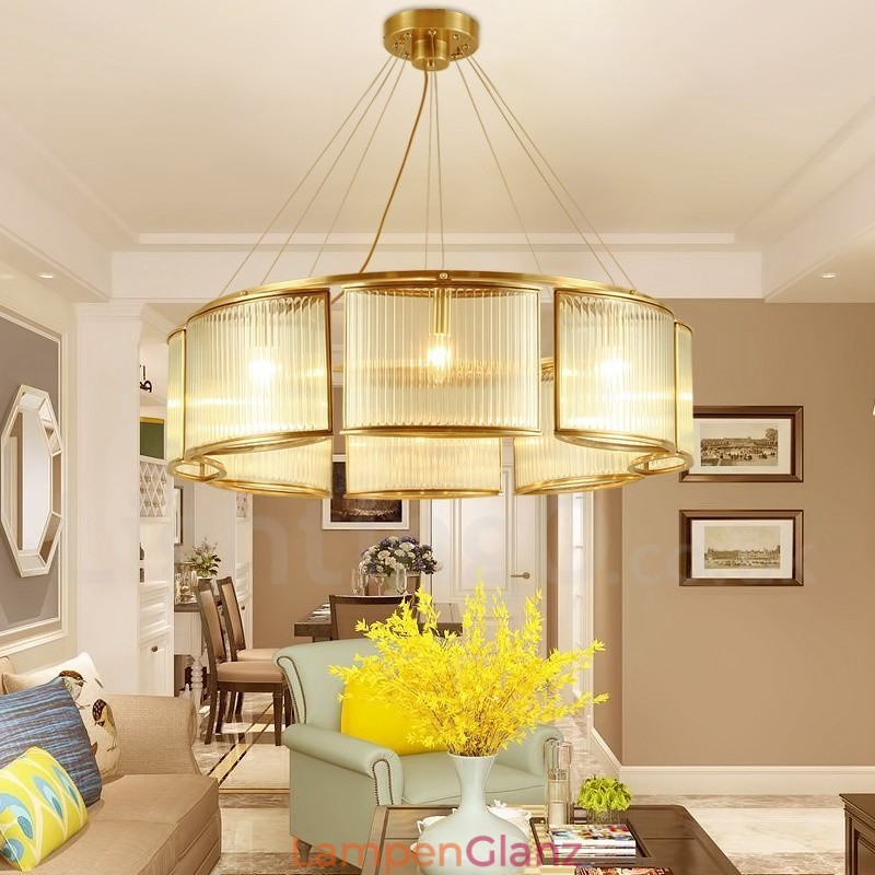 8-flammige Retro-Pendelleuchte aus rustikalem Messing mit Glasschirm