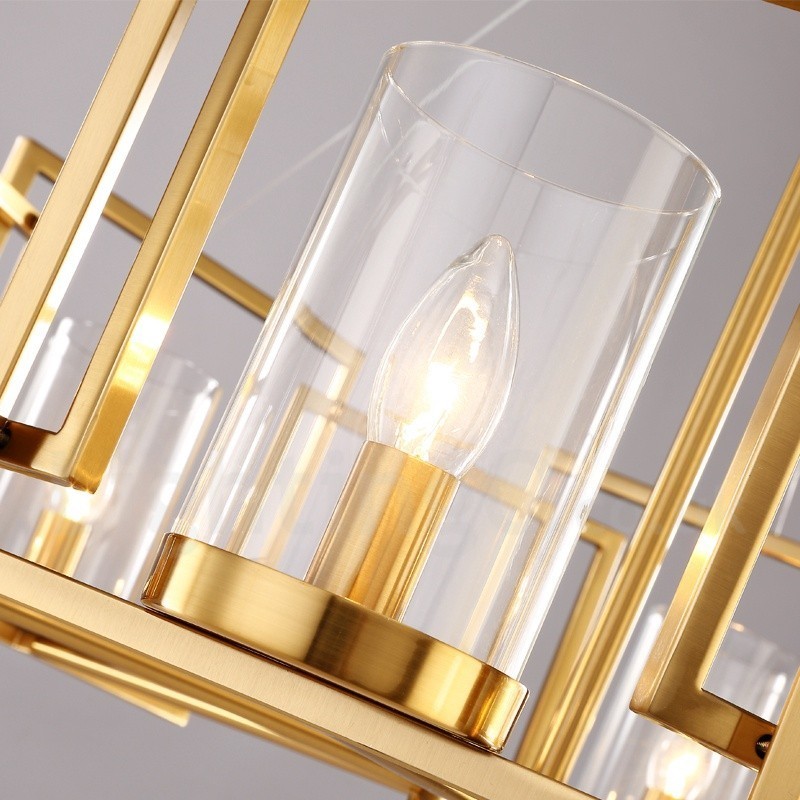 6-flammige Retro-Pendelleuchte aus rustikalem Messing mit Glasschirm