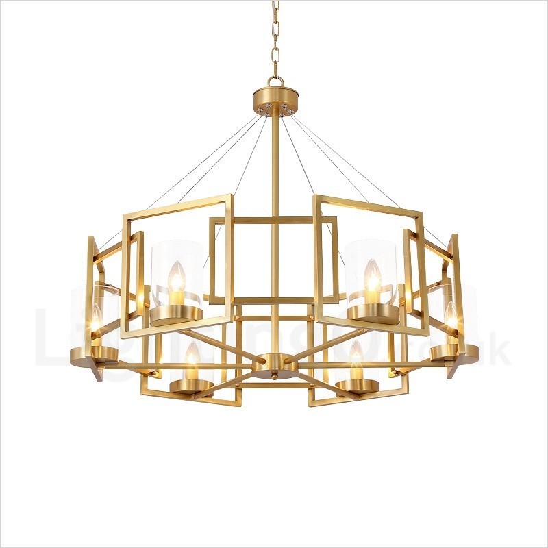 6-flammige Retro-Pendelleuchte aus rustikalem Messing mit Glasschirm
