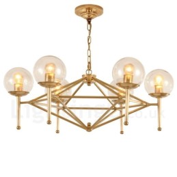 6-flammige Retro-Pendelleuchte aus rustikalem Messing mit Glasschirm