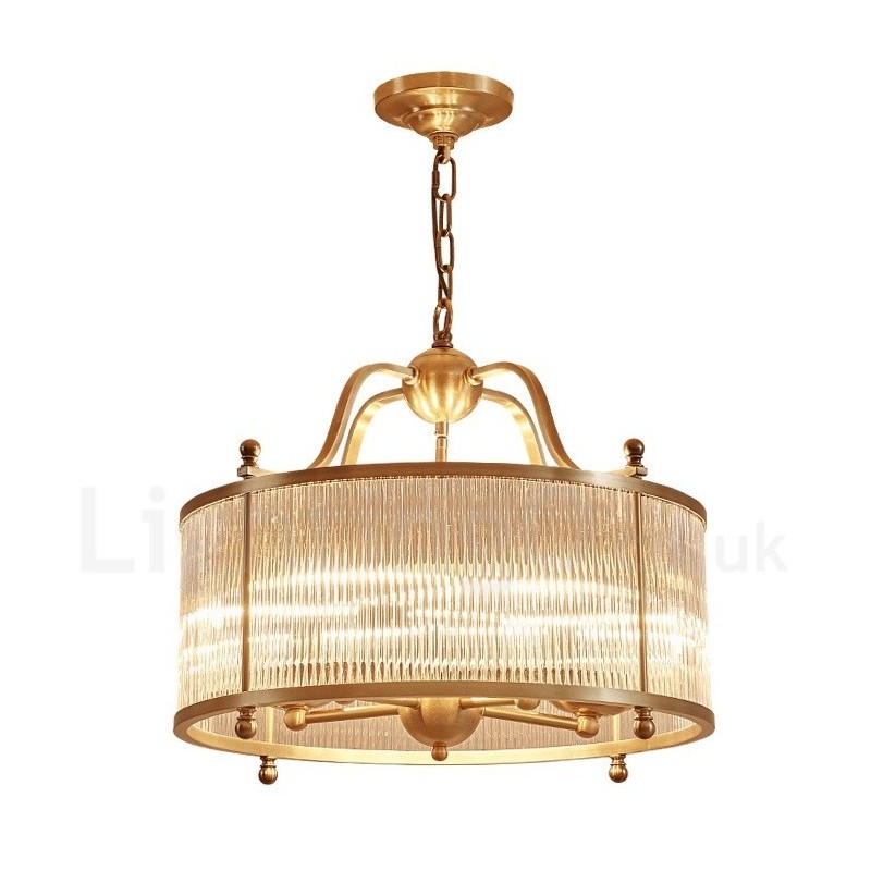 5-flammige Retro-Pendelleuchte aus rustikalem Messing mit Glasschirm