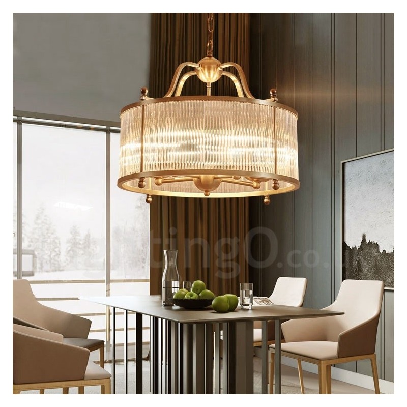 5-flammige Retro-Pendelleuchte aus rustikalem Messing mit Glasschirm