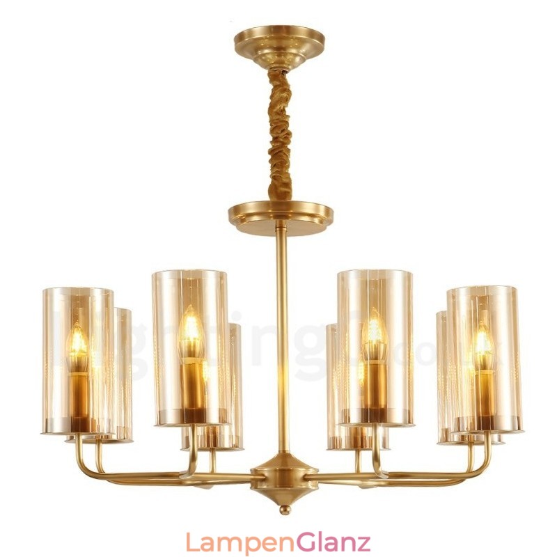 8-flammige Retro-Pendelleuchte aus rustikalem Messing mit Glasschirm