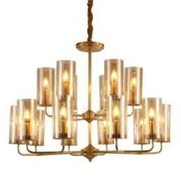 16-flammige Retro-Pendelleuchte aus rustikalem Messing mit Glasschirm