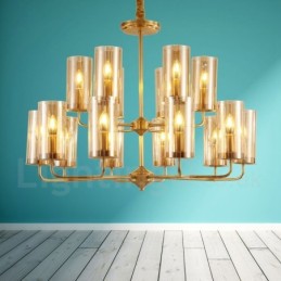 16-flammige Retro-Pendelleuchte aus rustikalem Messing mit Glasschirm