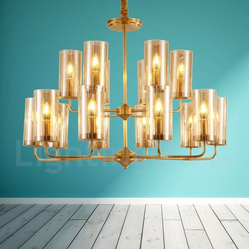 16-flammige Retro-Pendelleuchte aus rustikalem Messing mit Glasschirm