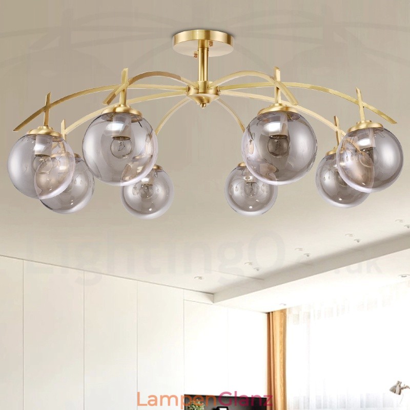 8-flammige Retro-Pendelleuchte aus rustikalem Messing mit Glasschirm