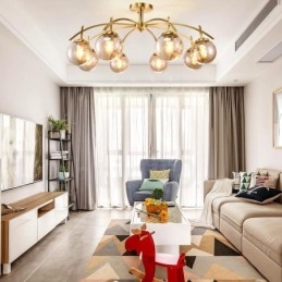 8-flammige Retro-Pendelleuchte aus rustikalem Messing mit Glasschirm