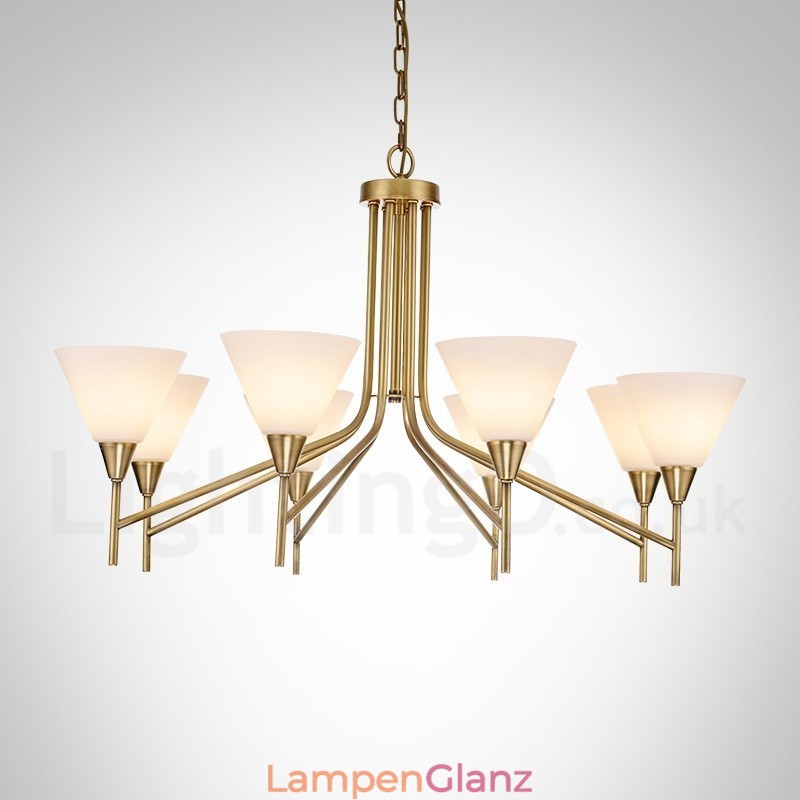 8-flammige Retro-Pendelleuchte aus rustikalem Messing mit Glasschirm