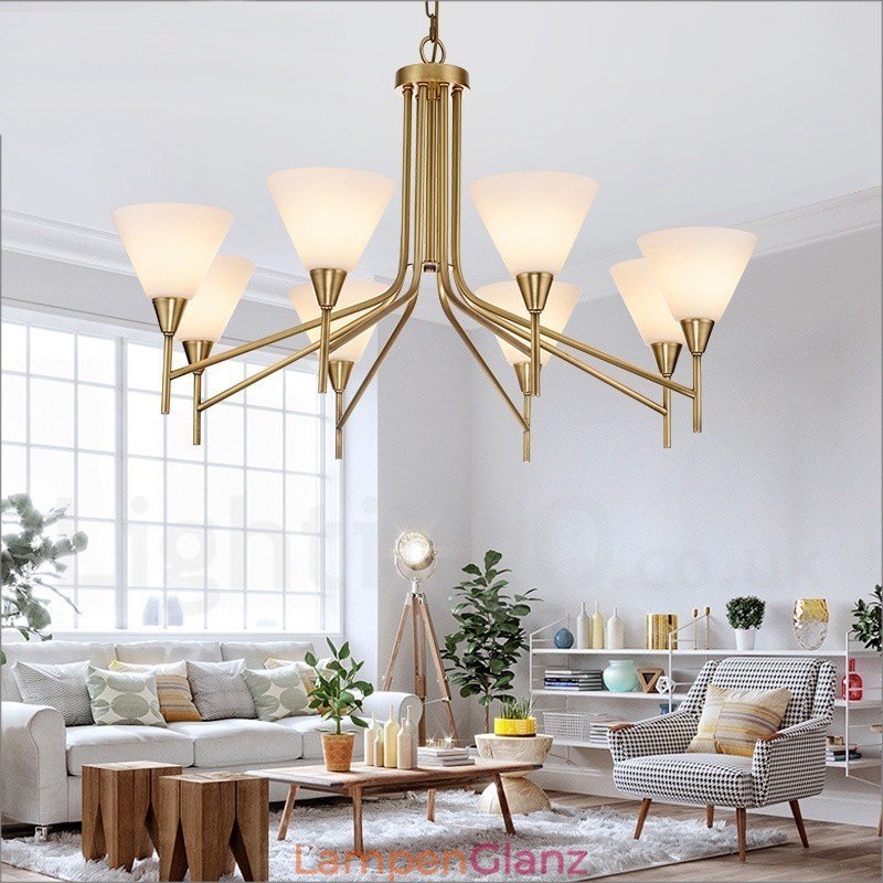 8-flammige Retro-Pendelleuchte aus rustikalem Messing mit Glasschirm