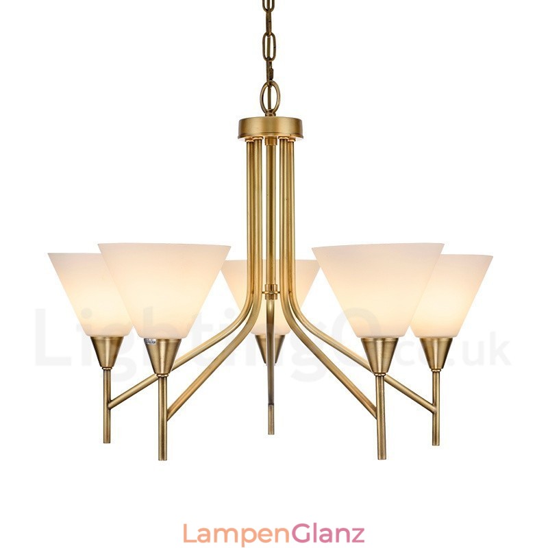 5-flammige Retro-Pendelleuchte aus rustikalem Messing mit Glasschirm