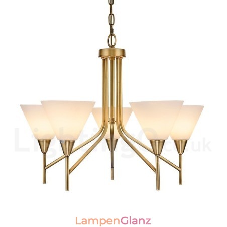 5-flammige Retro-Pendelleuchte aus rustikalem Messing mit Glasschirm