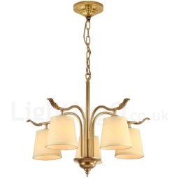 5-flammige Retro-Pendelleuchte aus rustikalem Messing mit Stoffschirm
