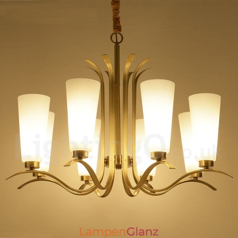8-flammige Retro-Pendelleuchte aus rustikalem Messing mit Glasschirm