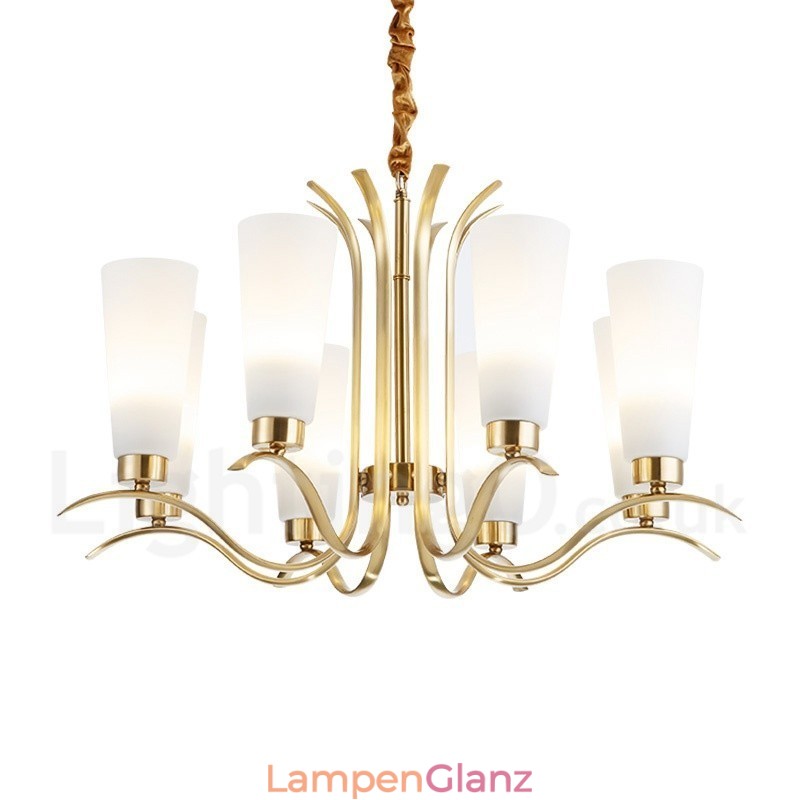 8-flammige Retro-Pendelleuchte aus rustikalem Messing mit Glasschirm