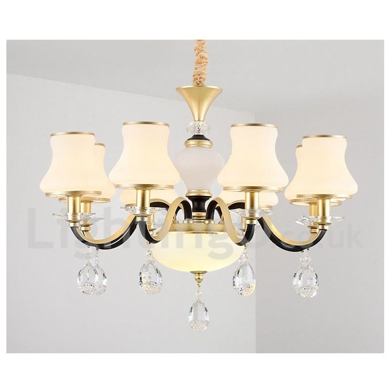6-flammige Retro-Pendelleuchte aus Kristallglas mit rustikalem Luxus-Kronleuchter und Glasschirm
