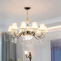 Retro Rustikaler Luxus Kristall Pendelleuchte Kronleuchter mit Glasschirm