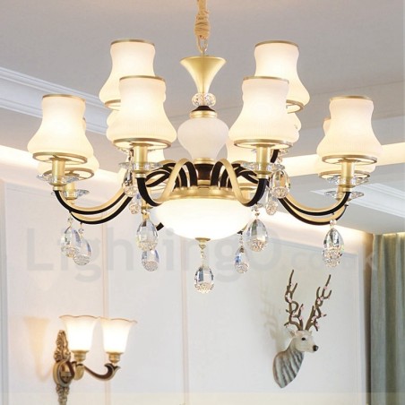 12-flammige Retro-Pendelleuchte aus Kristall mit rustikalem Luxus-Glasschirm 12-flammige Retro-Pendelleuchte aus Kristall mit rustikalem Luxus-Glasschirm