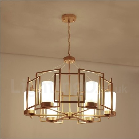 Moderne zeitgenössische 6-flammige Pendelleuchte aus Messing mit Glasschirm Moderne zeitgenössische 6-flammige Pendelleuchte aus Messing mit Glasschirm