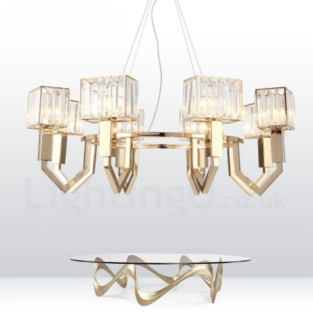 Moderne zeitgenössische 8-flammige Pendelleuchte aus Stahl mit Kristallschirm Moderne zeitgenössische 8-flammige Pendelleuchte aus Stahl mit Kristallschirm