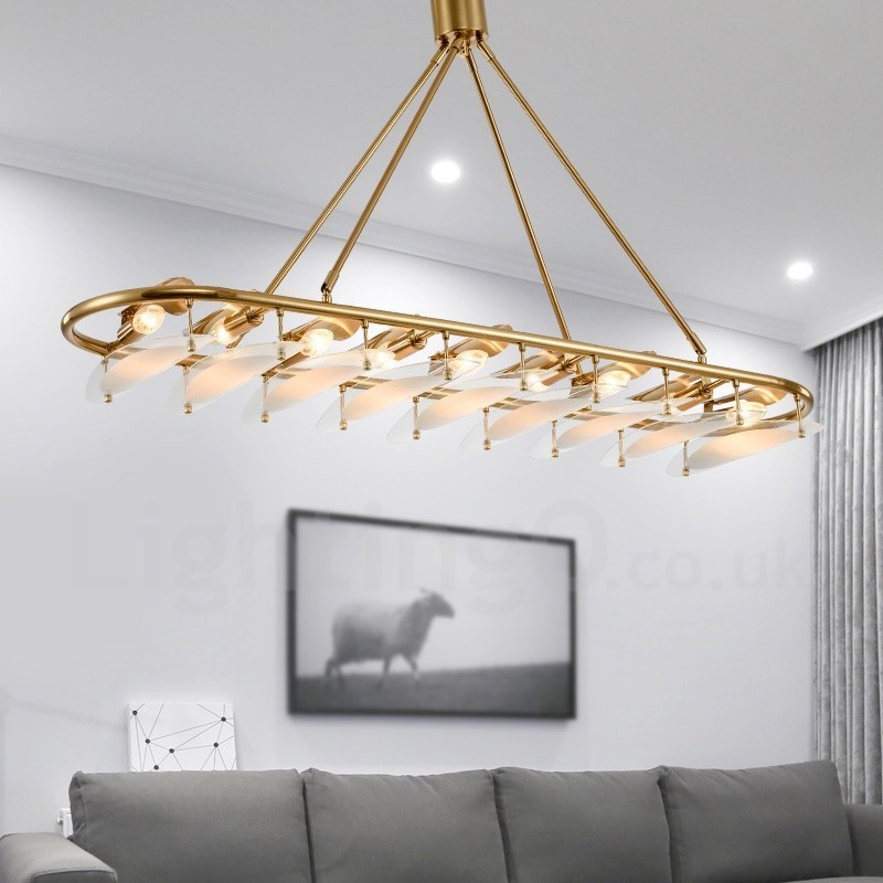Moderne zeitgenössische 9-flammige Pendelleuchte aus Messing mit Glasschirm