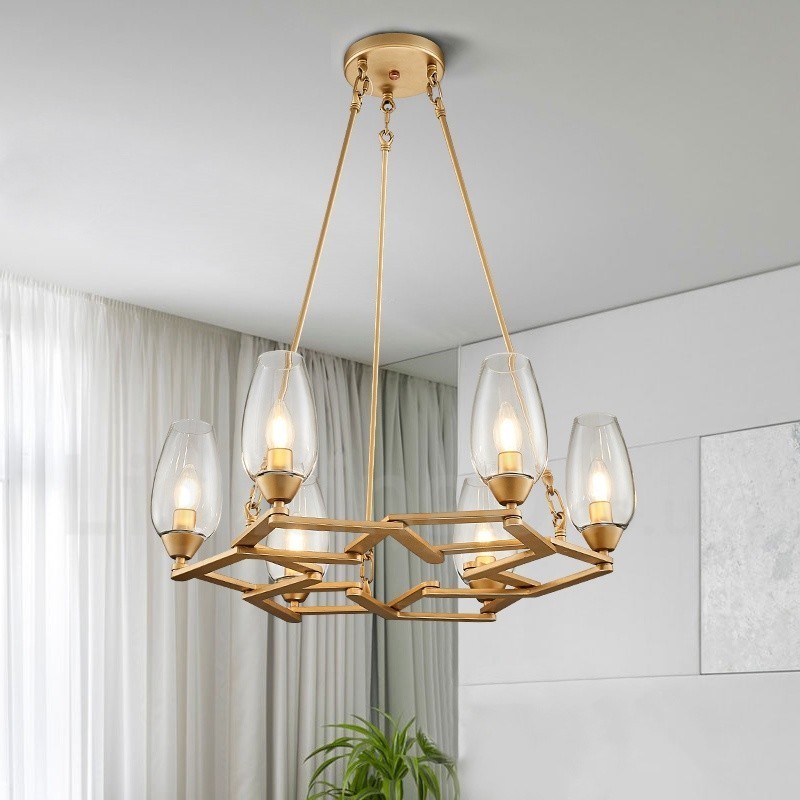 Moderne zeitgenössische 6-flammige Pendelleuchte aus Stahl mit Glasschirm