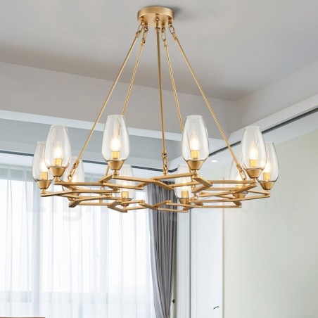 Moderne zeitgenössische 10-flammige Pendelleuchte aus Stahl mit Glasschirm Moderne zeitgenössische 10-flammige Pendelleuchte aus Stahl mit Glasschirm