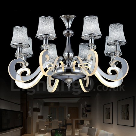Dimmbarer moderner zeitgenössischer Kronleuchter aus Stahl mit 8 Lichtern und Glasschirm Dimmbarer moderner zeitgenössischer Kronleuchter aus Stahl mit 8 Lichtern und Glasschirm