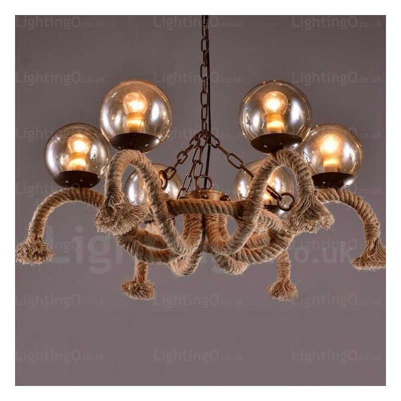 6-flammige Vintage-Retro-Pendelleuchte mit Glasschirm