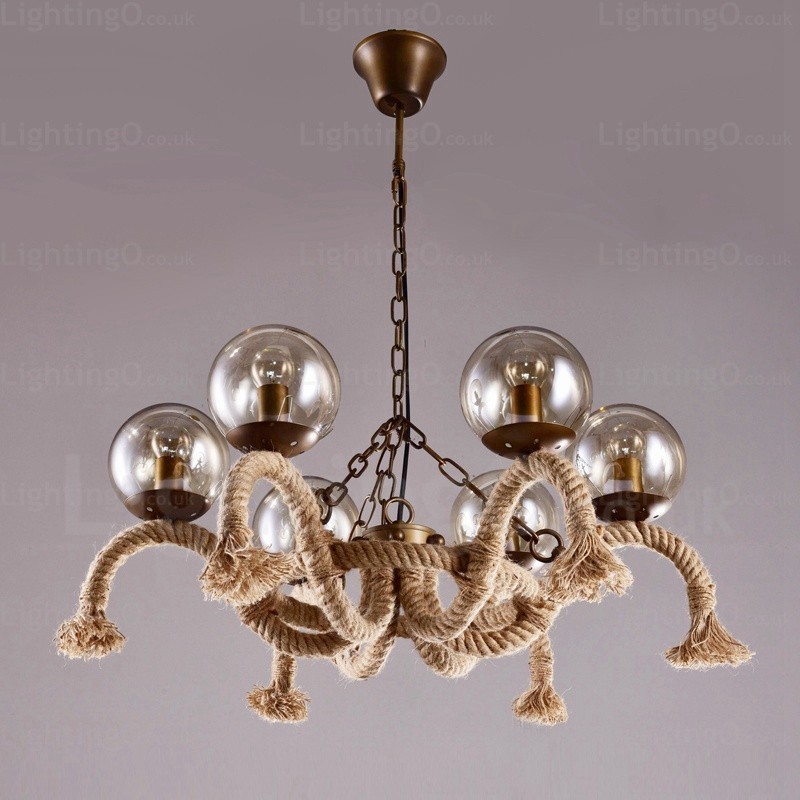 6-flammige Vintage-Retro-Pendelleuchte mit Glasschirm