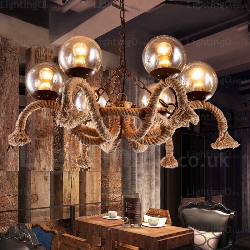 6-flammige Vintage-Retro-Pendelleuchte mit Glasschirm