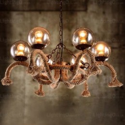 6-flammige Vintage-Retro-Pendelleuchte mit Glasschirm