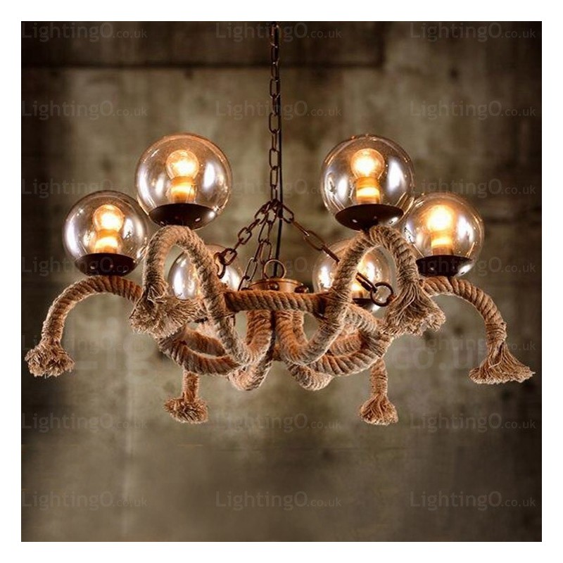 6-flammige Vintage-Retro-Pendelleuchte mit Glasschirm