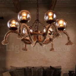 6-flammige Vintage-Retro-Pendelleuchte mit Glasschirm