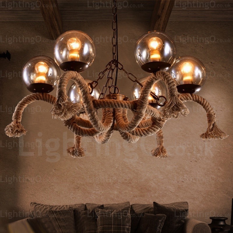 6-flammige Vintage-Retro-Pendelleuchte mit Glasschirm