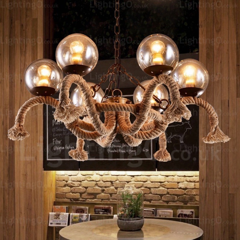 6-flammige Vintage-Retro-Pendelleuchte mit Glasschirm