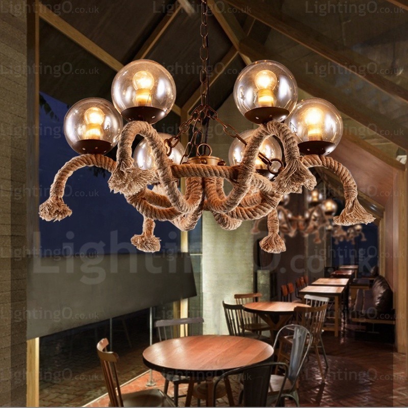 6-flammige Vintage-Retro-Pendelleuchte mit Glasschirm