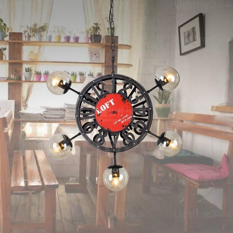 5-flammige Vintage-Retro-Pendelleuchte mit Glasschirm