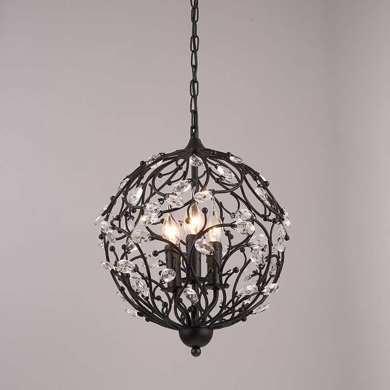 3-flammige Vintage Retro Kugel-Kristall-Pendelleuchte